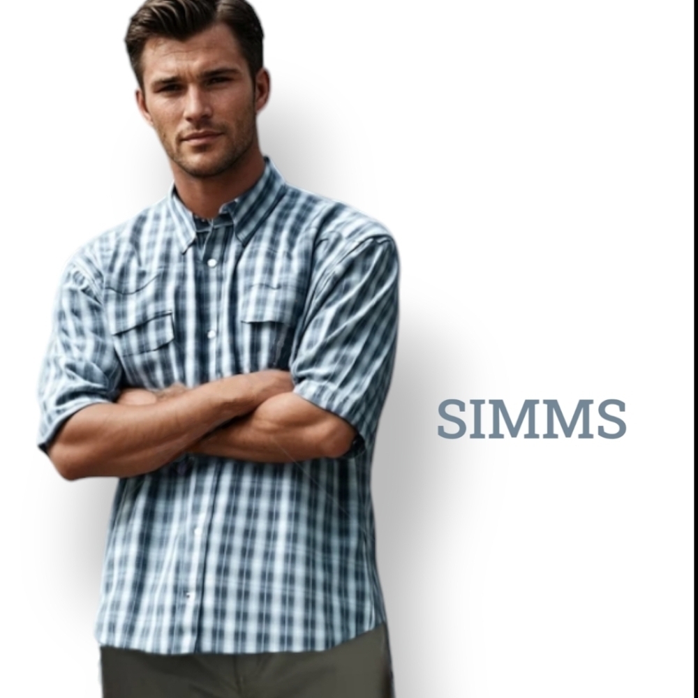 Simms Black Plaid Short Sleeve Fishing Shirt